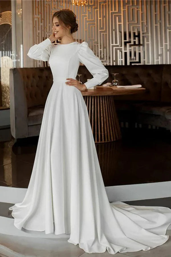 A Line Modest Long Sleeves Wedding Dress Vintage Bridal Gown